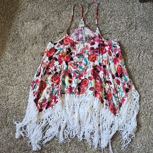 Vivid Imports Size Large Racer Back Floral Tank With White Knit Fringe